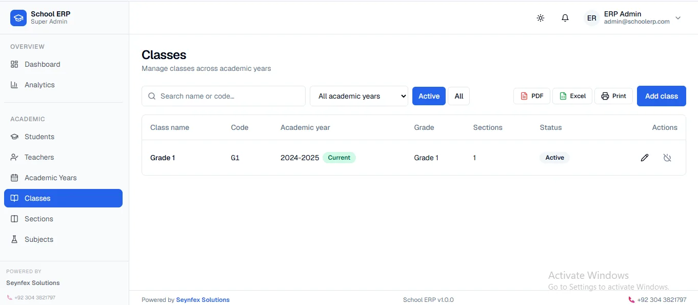 School ERP class management screen