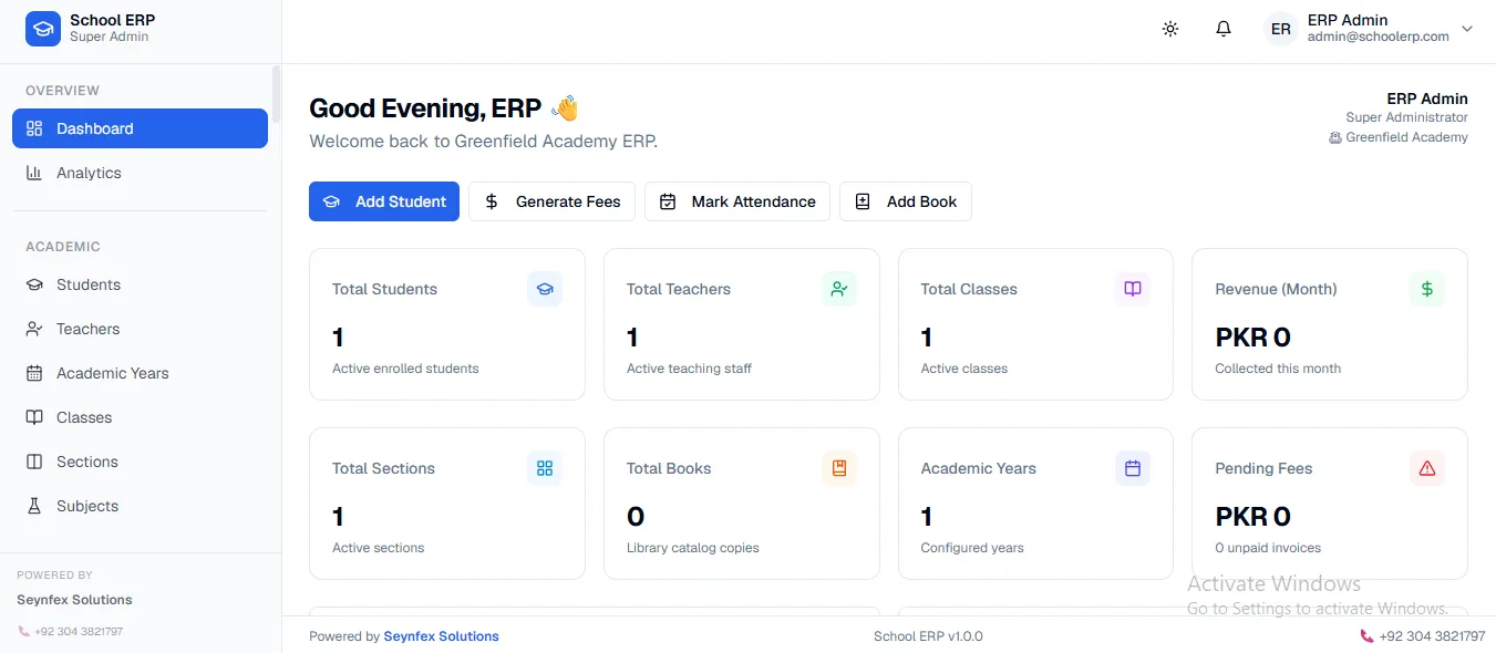 School ERP admin dashboard with student, teacher, class and revenue statistics