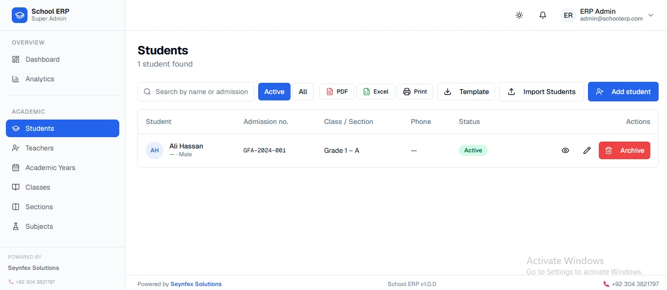 School ERP student management screen