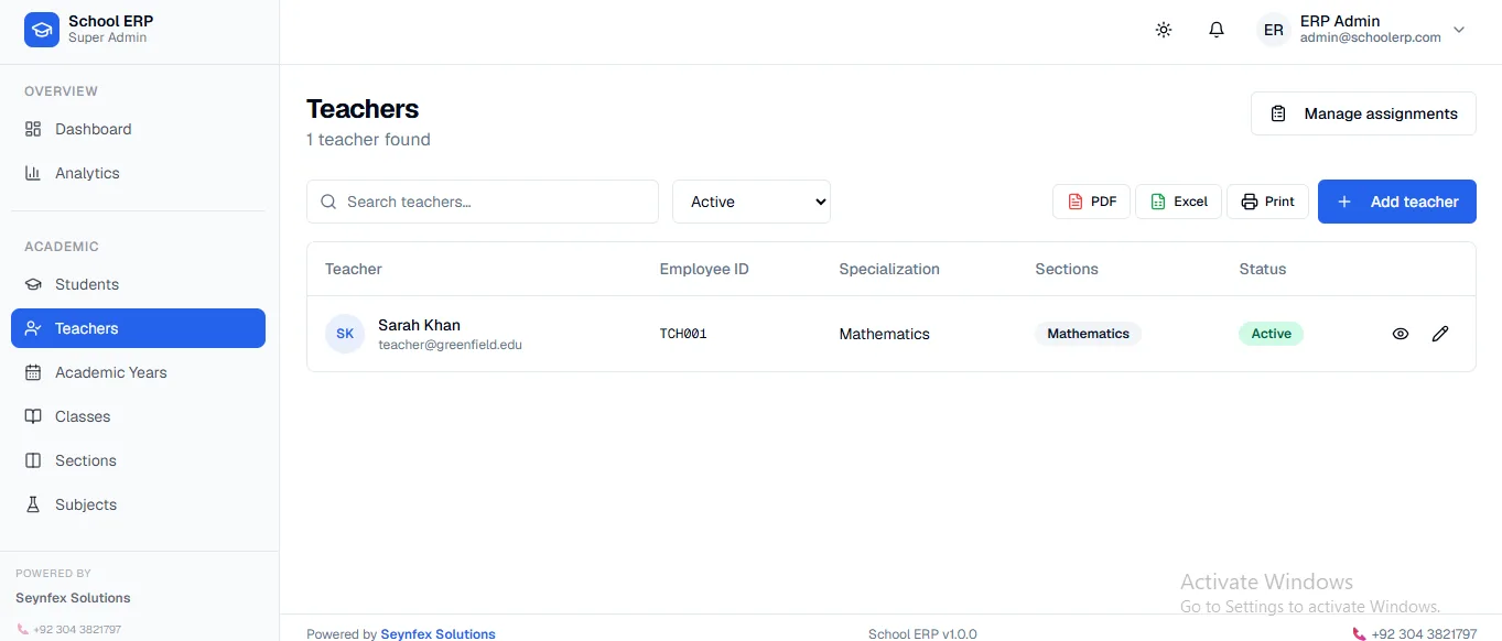 School ERP teacher management screen